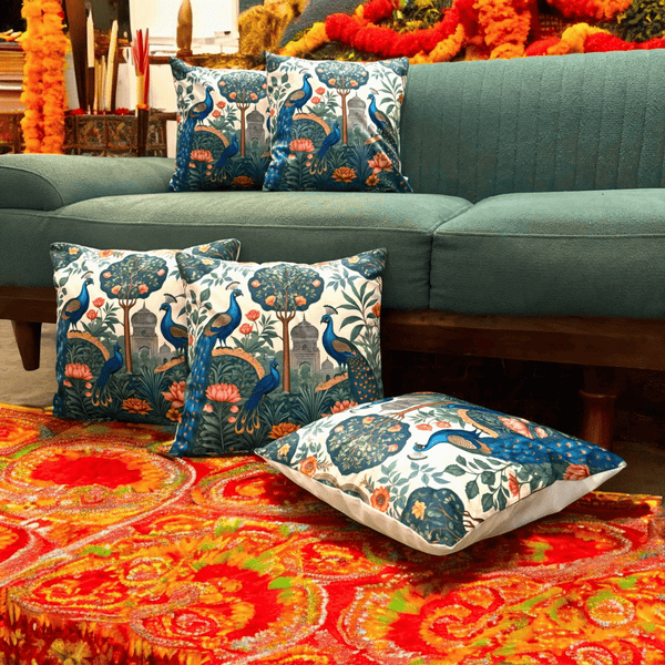 Peacock Garden Velvet Cushion Cover