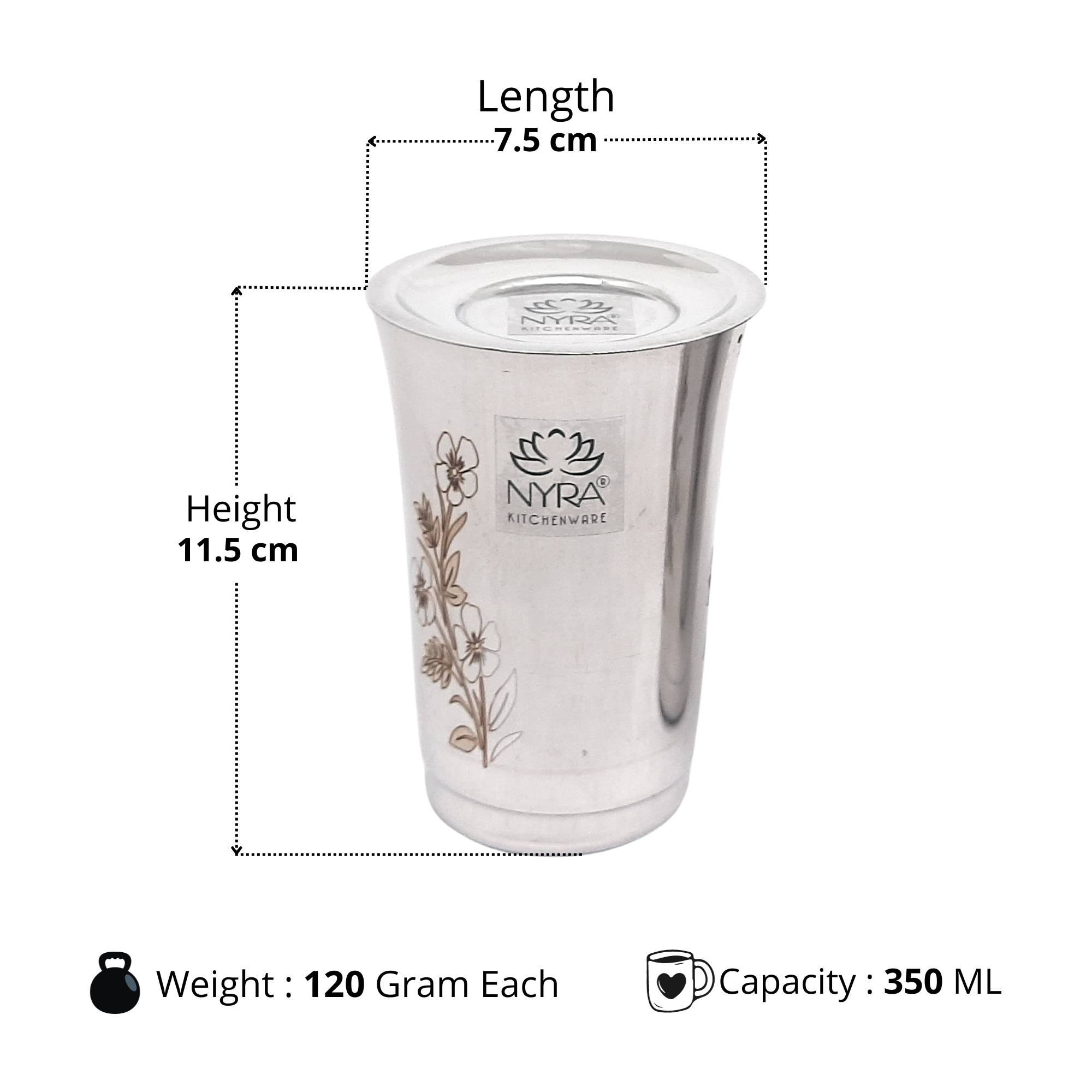Dimesions of Stainless Steel Floral Print Glass Set with Lid