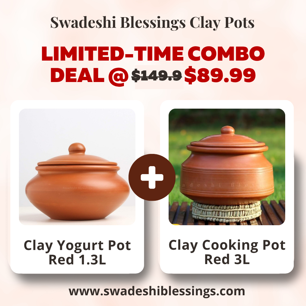 Unglazed Clay Handi & Earthen Curd Pot  / Clay Pots Combo For Cooking & Serving, 1.3L & 3L, Red (Natural Firing Shade & Mirror Shine)+FREE ASH For Cleaning