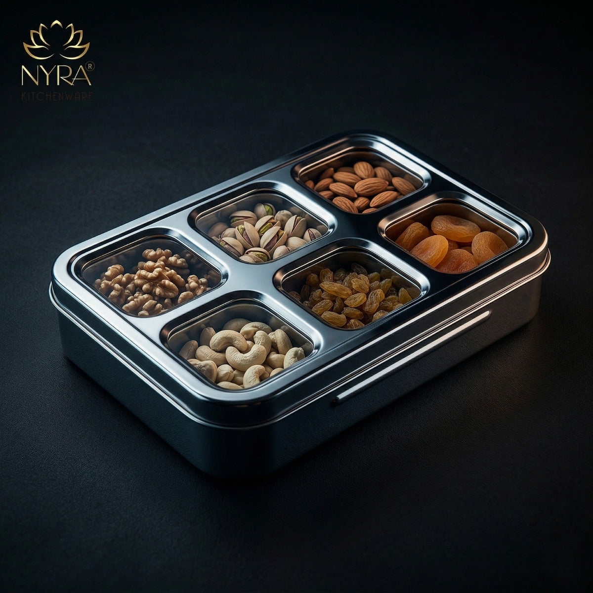 Stainless Steel 6 Compartment Dry Fruit/Spice Box for Kitchen Organization - See-Through Lid Masala/Snacks/Dry Fruit Box