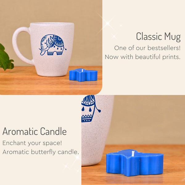 Eha Earth Friendly Diwali Gift Hampers | Elephant Printed Mug, Coaster, Key Chain, Candle, Gift Bag, Card
