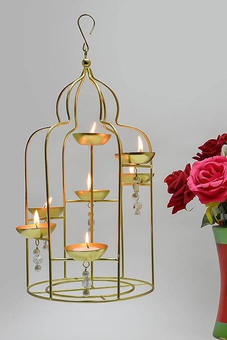 Metal Hanging Lantern with Beads Home Decoration for Bedroom, Livingroom, Home Office Ideal for Gifting - Matte Gold