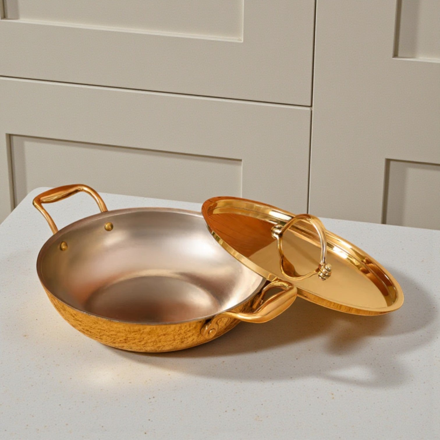 Flat Base Brass Kadhai with Lid & Tin (Kalai) Coating – Traditional Heavy Brass Cookware | RoyalStuffs