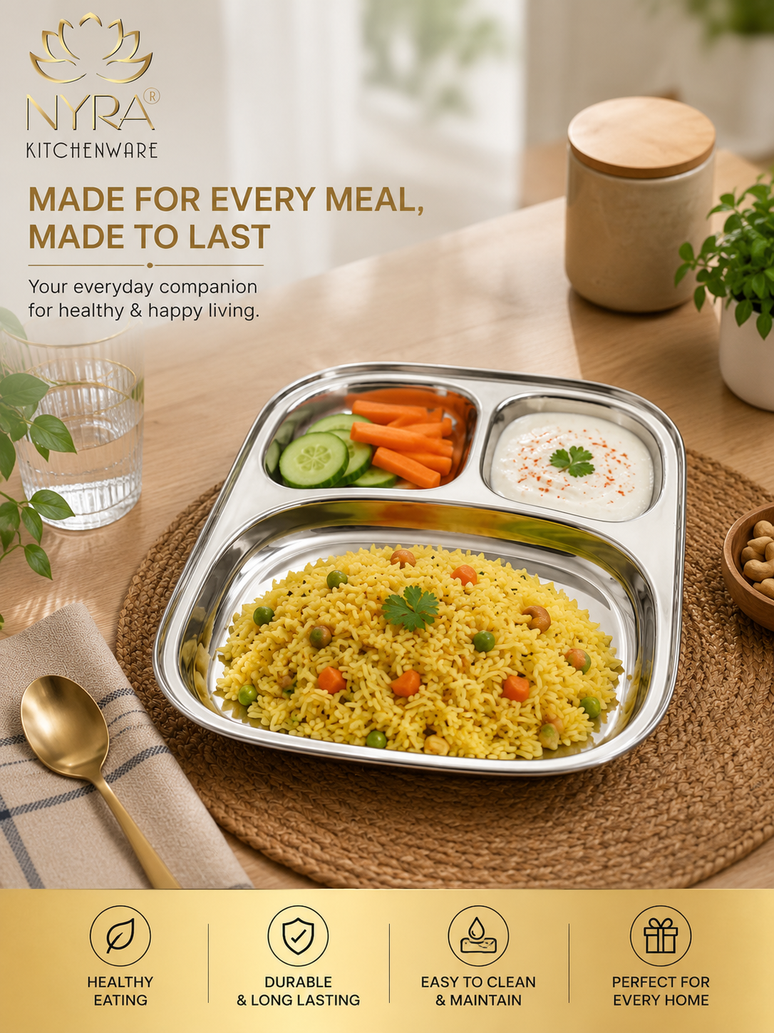Stainless Steel Three Sectioned Plates | 3 in 1 Compartment Dinner Plate