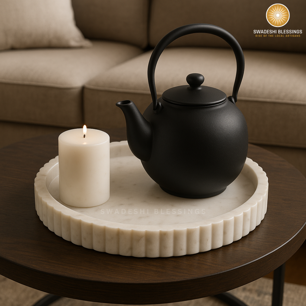 Handcrafted Marble Decorative Tray for Coffee Table Decor, Round Trays Home Decor, Ottoman Tray for Living Room, Coffee Table Tray, Dining Table Centerpiece Decor, Farmhouse Decor