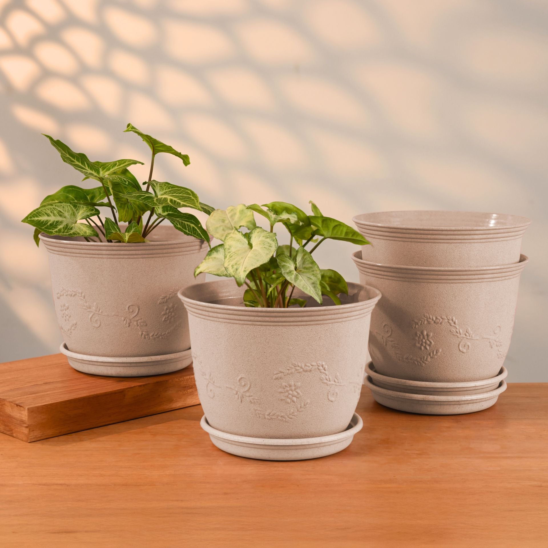 Earth-Friendly Planters Leafy 8 Inch set of 4 | Bamboo Based Pots and Planters with tray