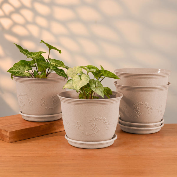 Earth-Friendly Planters Leafy 8 Inch set of 4 | Bamboo Based Pots and Planters with tray