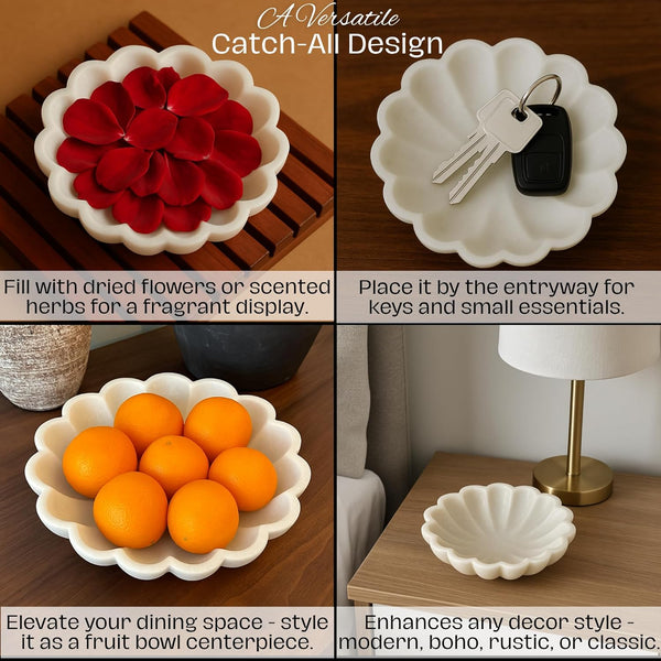 HandCrafted Marble Large Decorative Bowl | White Decorative Bowls for Home Decor | Ruffle Bowl | Scalloped Bowl | Fluted Bowl | Key/Fruit Bowl | Ring Dish | Organic Modern Home Decor Bowl | 6-12 Inches