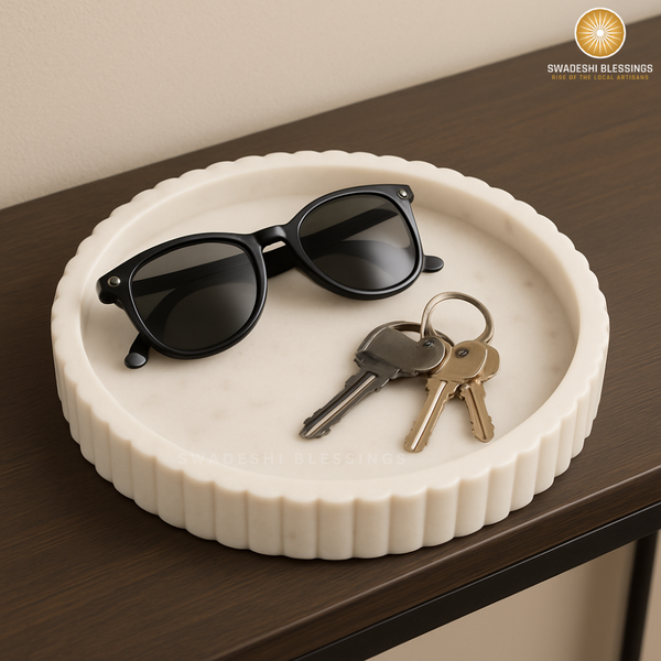 Handcrafted Marble Decorative Tray for Coffee Table Decor, Round Trays Home Decor, Ottoman Tray for Living Room, Coffee Table Tray, Dining Table Centerpiece Decor, Farmhouse Decor