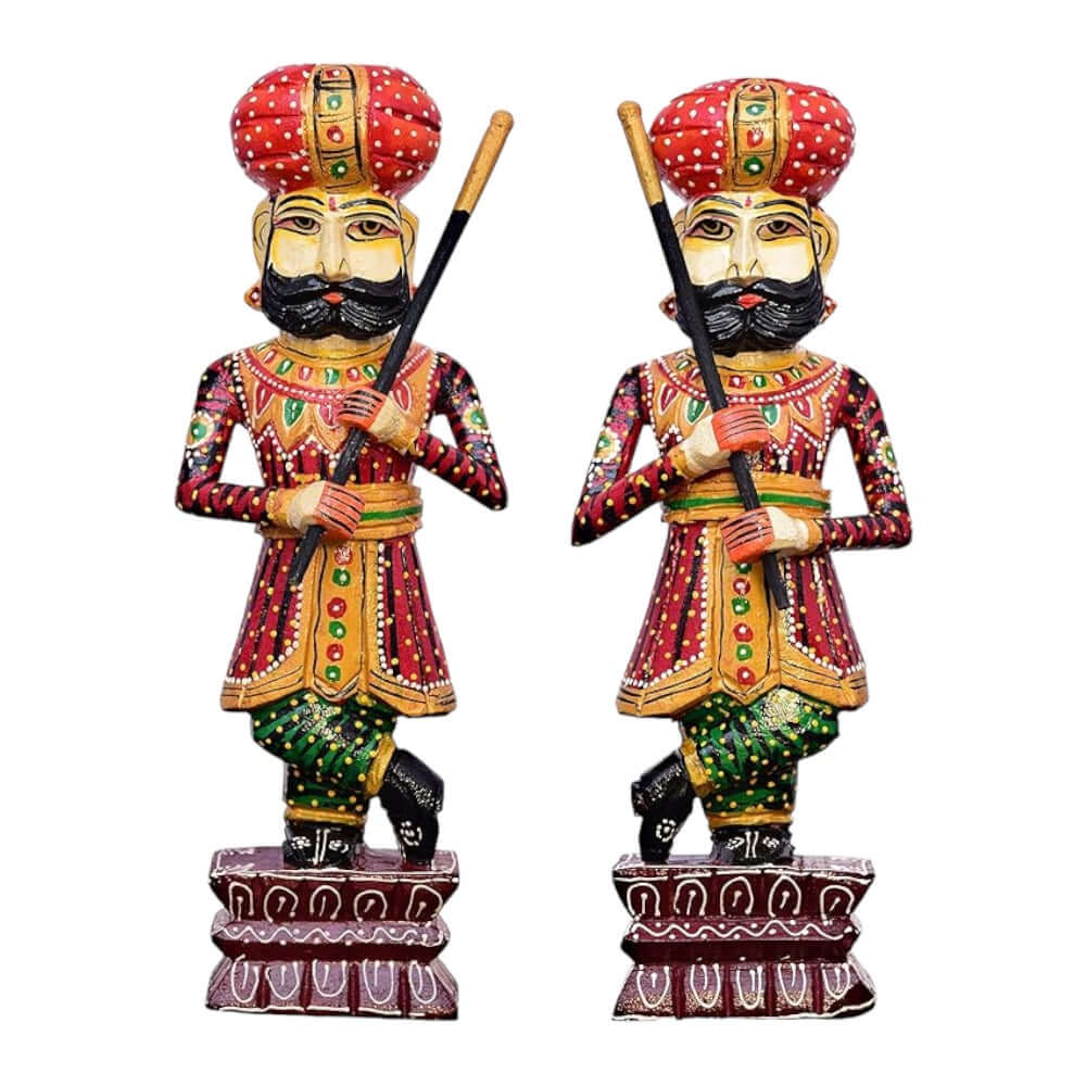 Set 2 piese decorativ lucrat manual din lemn, reprezentând gărzi regale / darbaan / paznici, specific Rajasthani, pentru decorarea locuinței, piesă frumoasă de prezentare (29,2 cm)