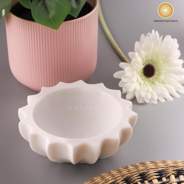 HandCrafted White Marble Decorative Bowl | Ruffle Bowl for Home Decor | Scalloped Bowl | Fluted Bowl | Organic Modern Home Decor Bowl