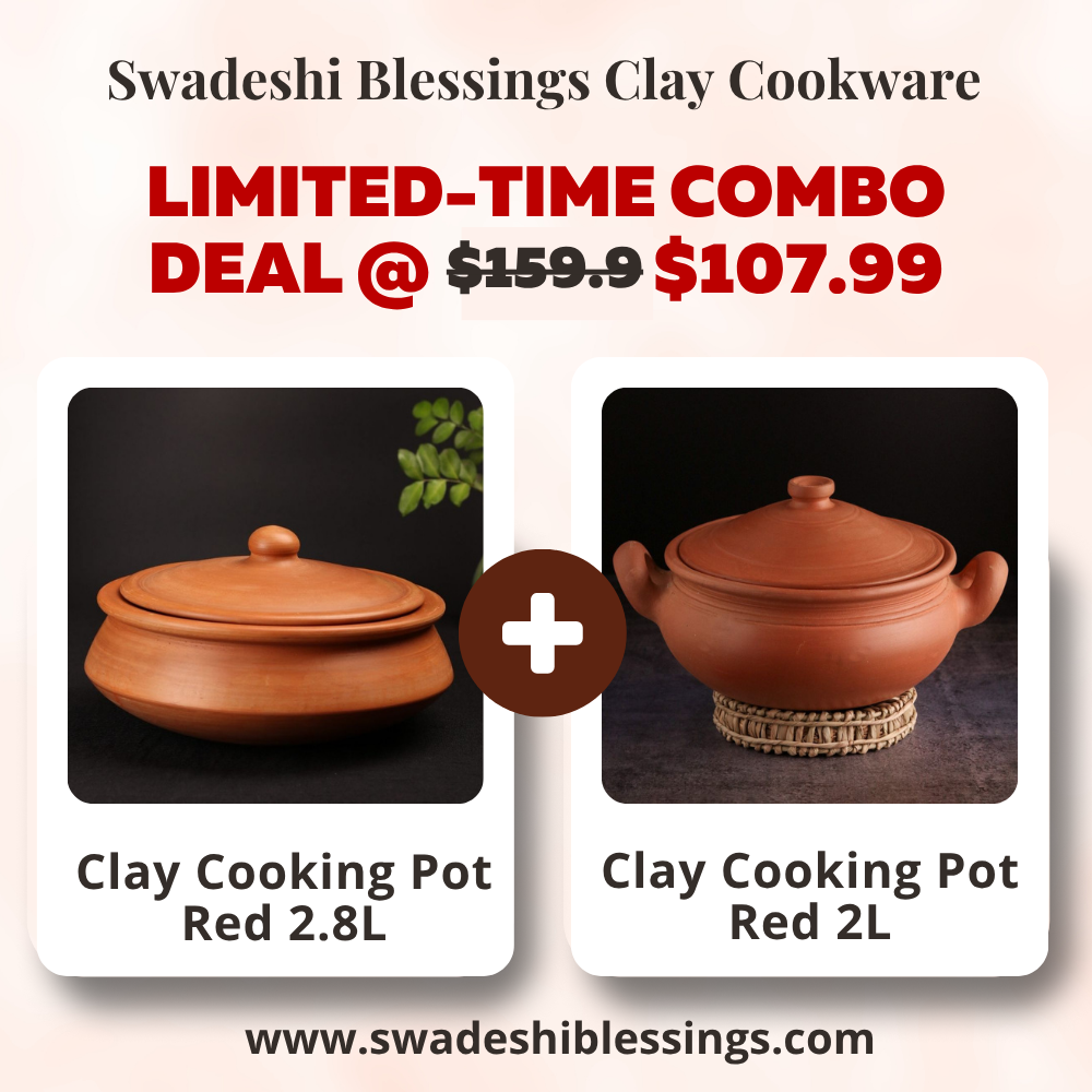 Unglazed Clay Handi / Earthen Kadai / Clay Pots Combo for Cooking & Serving with Lids – 2L & 2.8L (Red) (Natural Firing Shade & Mirror Shine) + FREE Ash for Cleaning