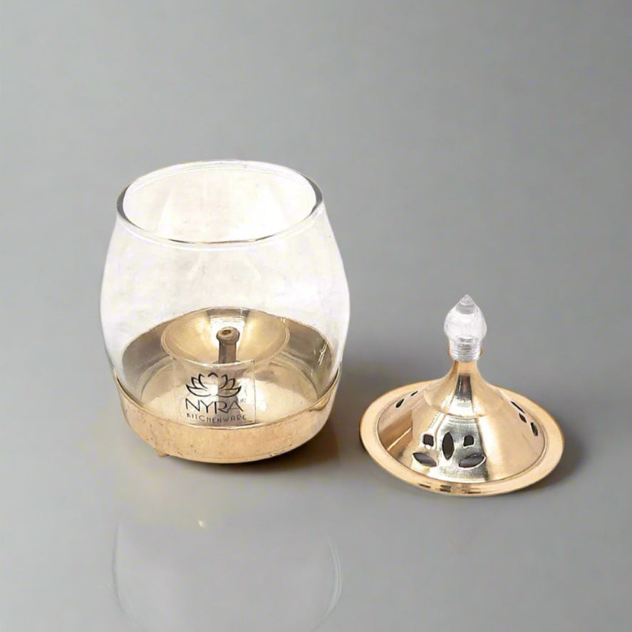 open Brass Traditional Diya Stand with Clear Fiberglass Cover