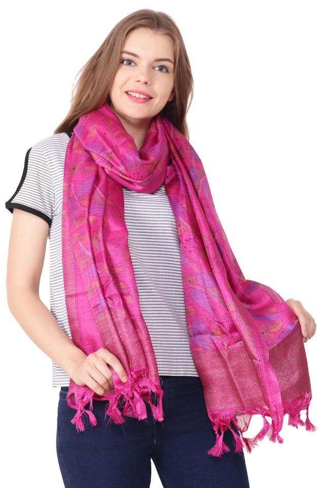 Eșarfă Cara, Mătase naturala tussar, roz siclam, marime universala