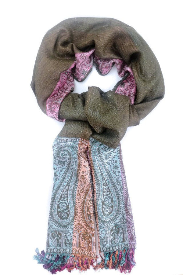 Eșarfă Cașmir reversibilă verde kaki Paisley oriental floral India