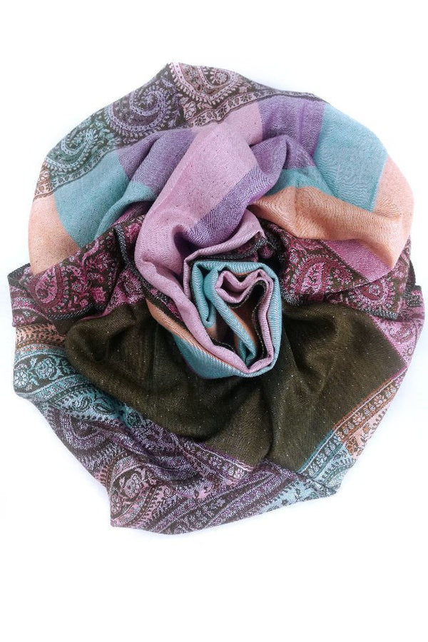 Eșarfă Cașmir reversibilă verde kaki Paisley oriental floral India