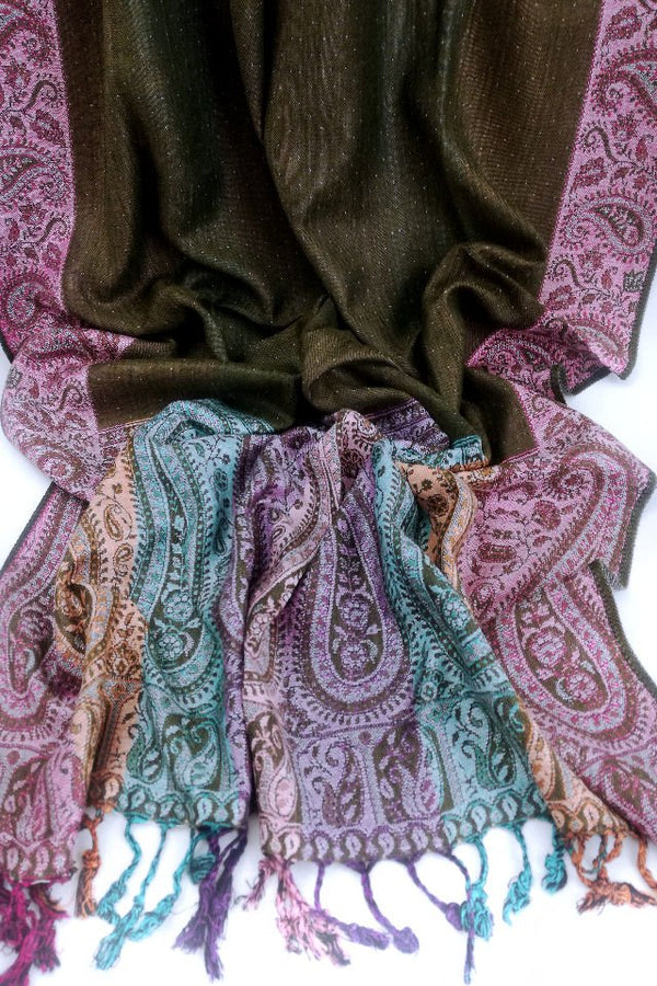 Eșarfă Cașmir reversibilă verde kaki Paisley oriental floral India