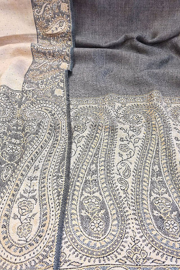 Eșarfă reversibilă gri-bej Paisley oriental floral India