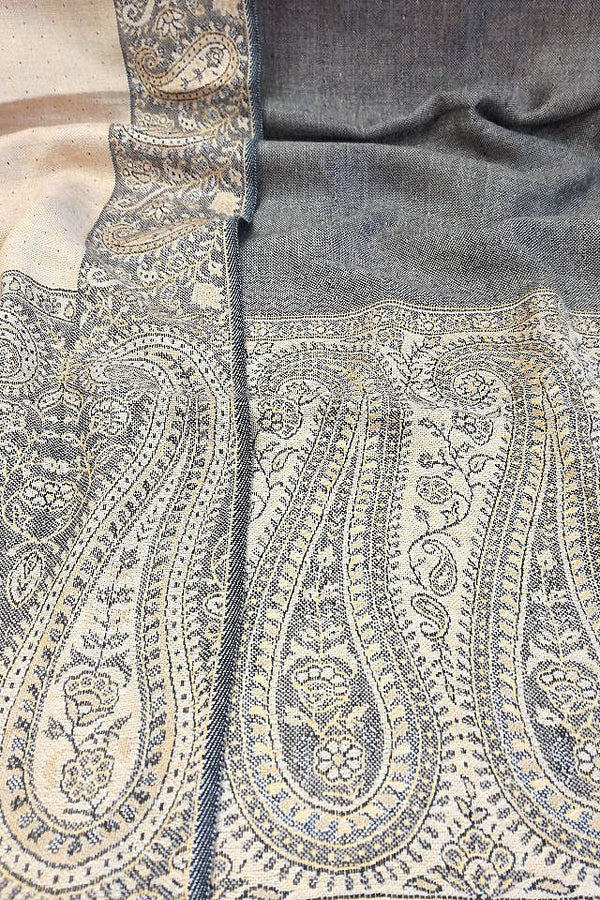 Eșarfă reversibilă gri-bej Paisley oriental floral India