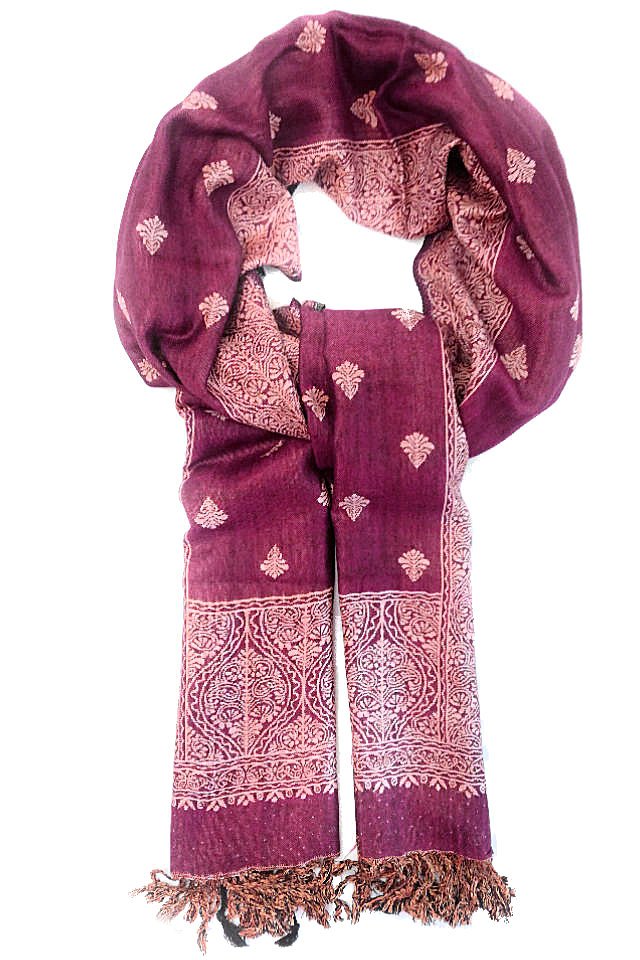 Eșarfă reversibilă mov-burgundy Paisley oriental floral India