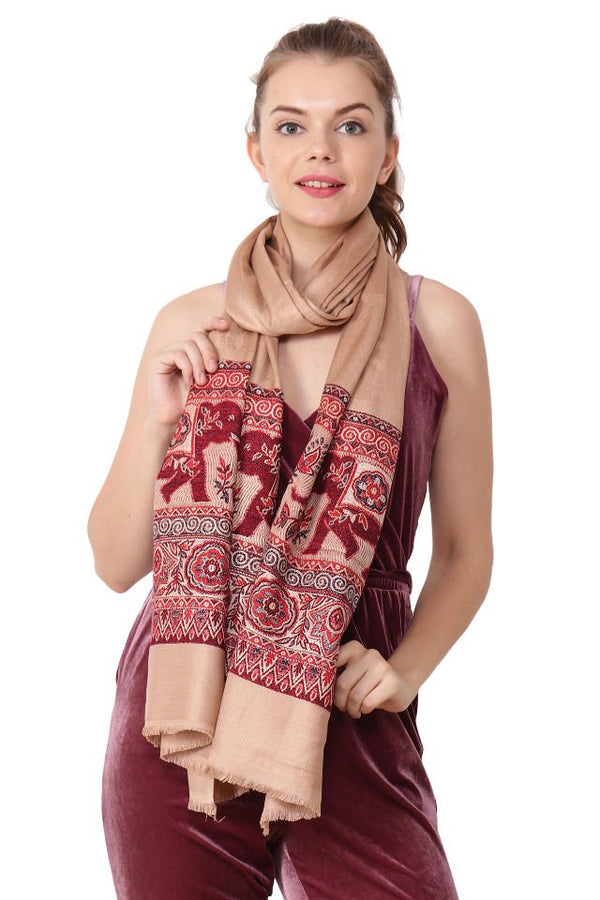 Eșarfă Cașmir reverse cu broderie jacquard, maro deschis