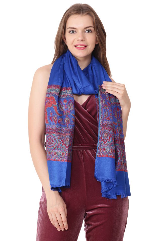 Eșarfă Cașmir jacquard albastru cu elefanti