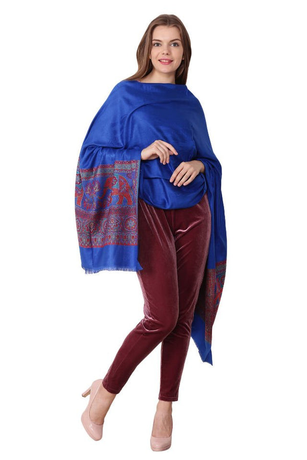 Eșarfă Cașmir jacquard albastru cu elefanti