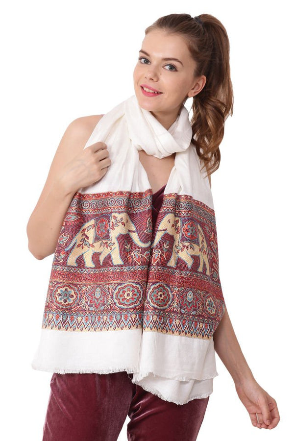 Esarfa Casmir Jacquard reversibila alb cu elefanti