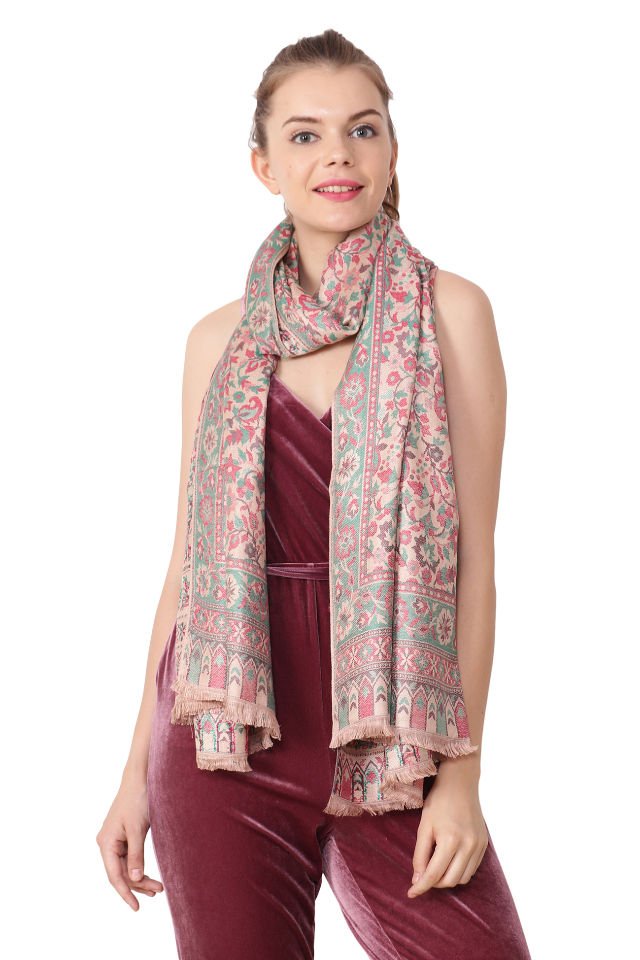 Esarfa Casmir reversibila verde-bej Paisley oriental floral India