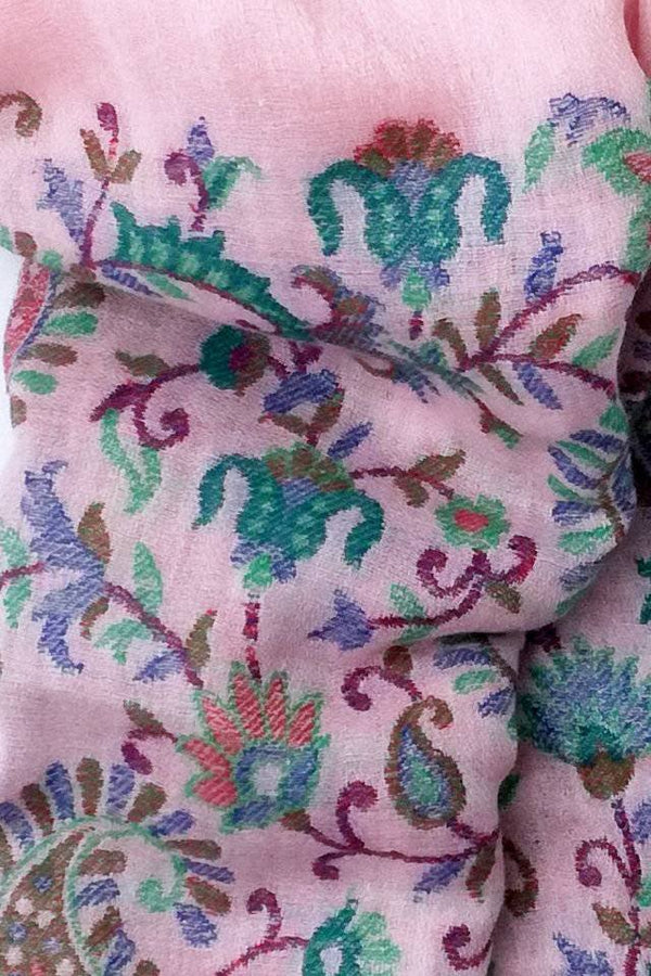 Esarfa-sal din lana pashmina roz cu broderie fina