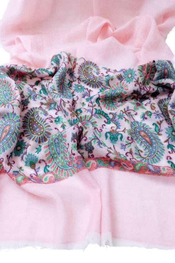 Esarfa-sal din lana pashmina roz cu broderie fina