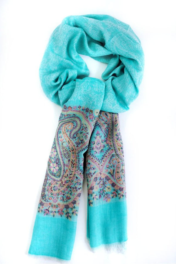 Esarfa-Sal Cara, din Lana Pashmina turcoaz cu broderie fina