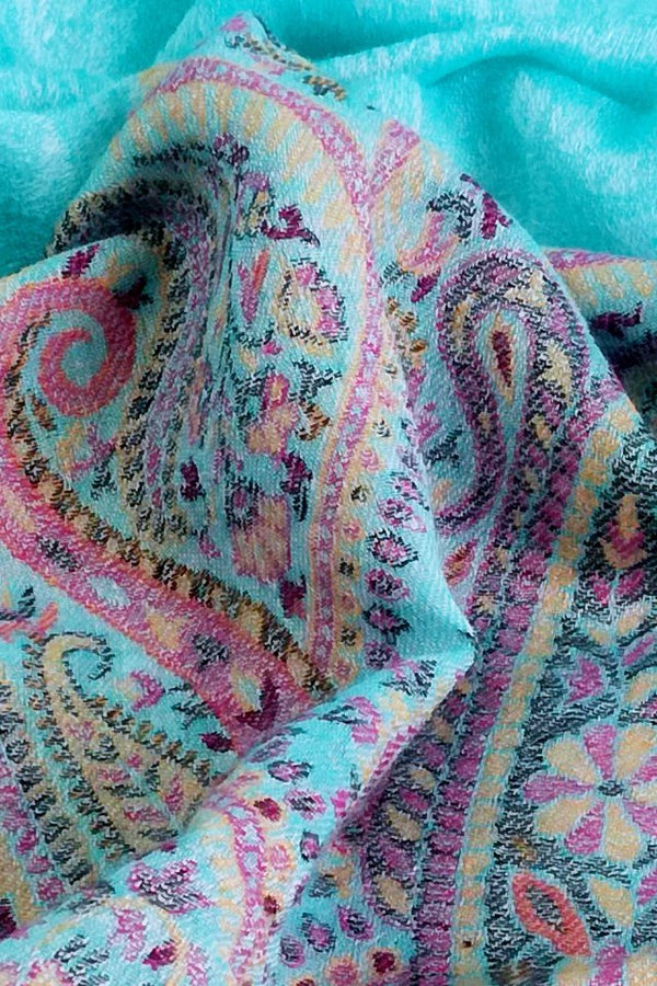 Esarfa-Sal Cara, din Lana Pashmina turcoaz cu broderie fina