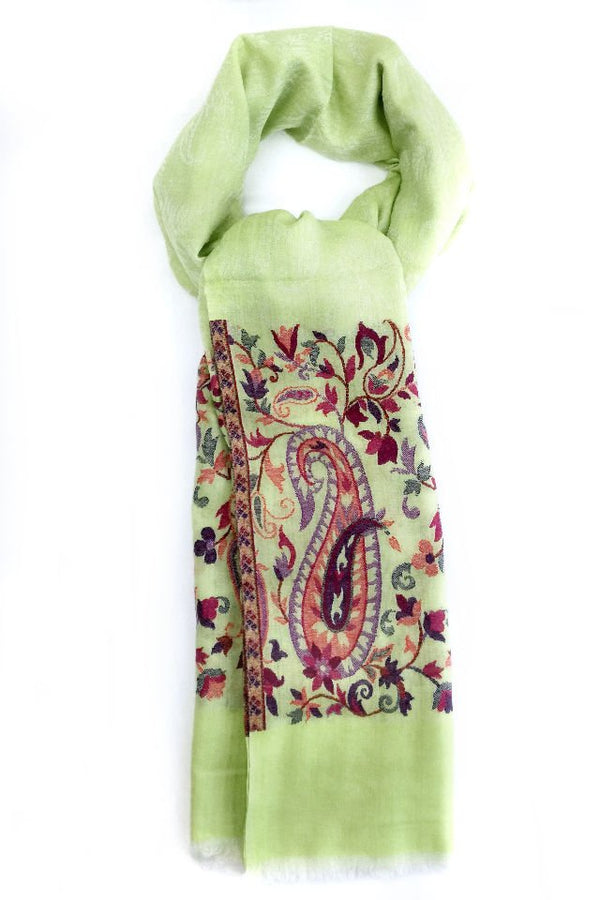 Esarfa-Sal Cara, din Lana Pashmina Verde-Fistic Cu Broderie Fina