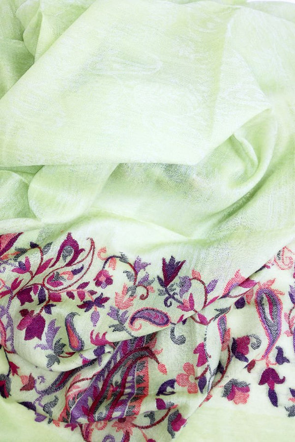 Esarfa-Sal Cara, din Lana Pashmina Verde-Fistic Cu Broderie Fina