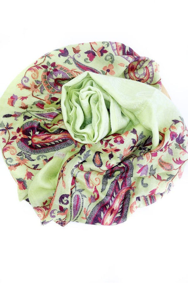 Esarfa-Sal Cara, din Lana Pashmina Verde-Fistic Cu Broderie Fina