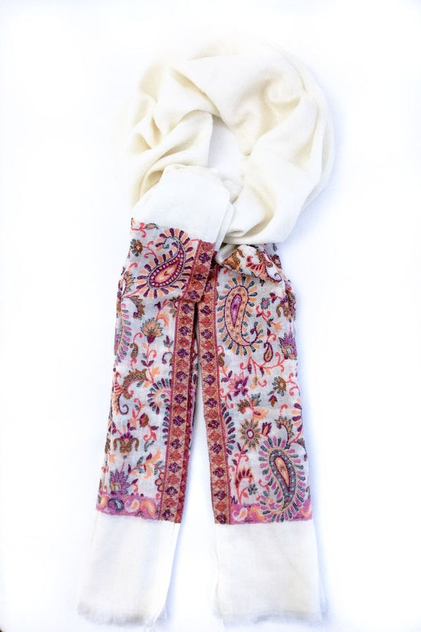 Esarfa-Sal Cara din Lana Pashmina Alb cu Broderie Fina