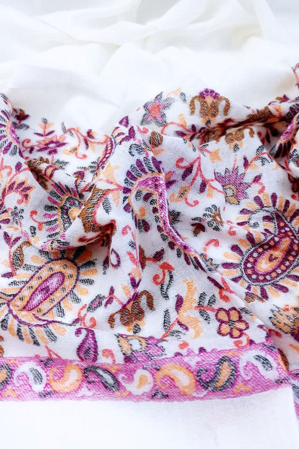 Esarfa-Sal Cara din Lana Pashmina Alb cu Broderie Fina