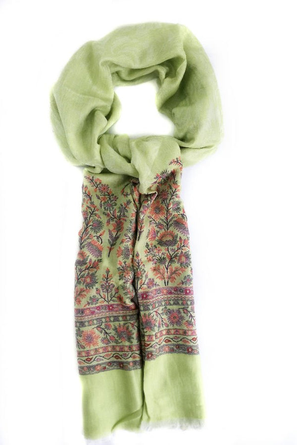 Esarfa-Sal Cara, din lana pashmina verde-fistic cu broderie fina