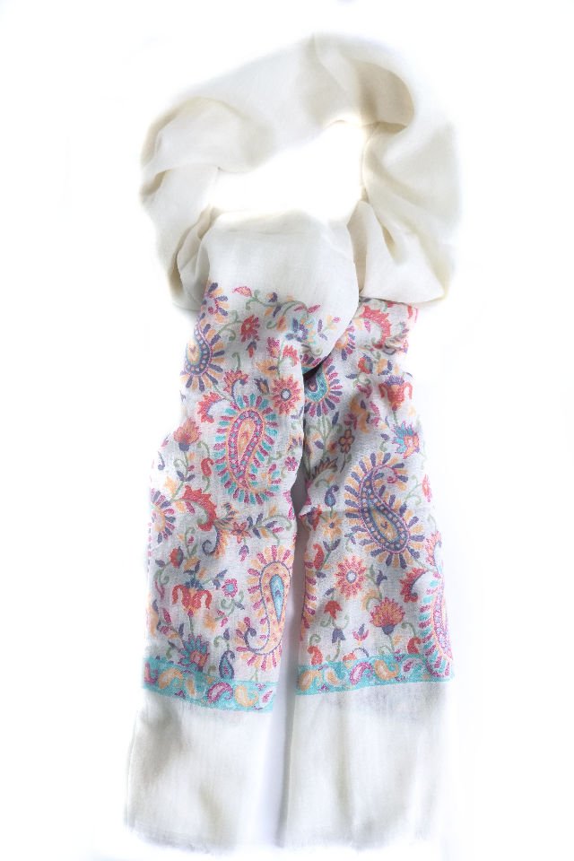 Esarfa-Sal Cara, Pashmina Alb cu Broderie Fina