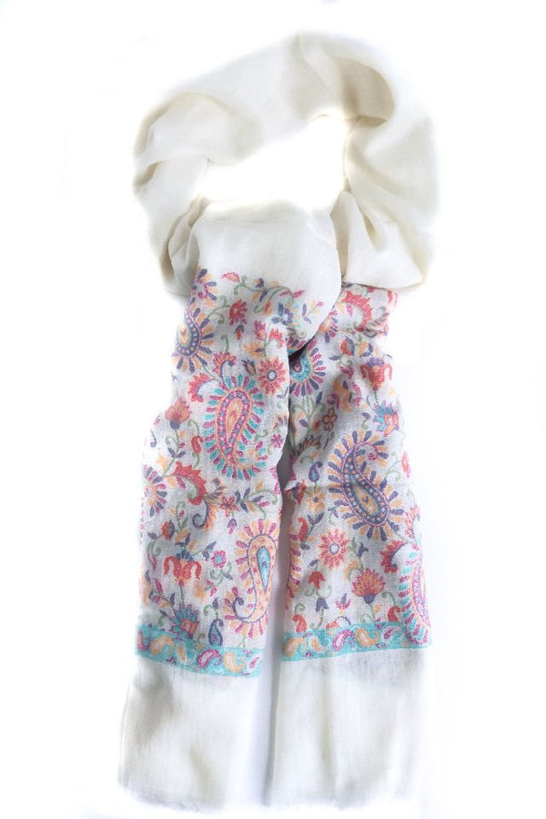 Esarfa-Sal Cara, Pashmina Alb cu Broderie Fina