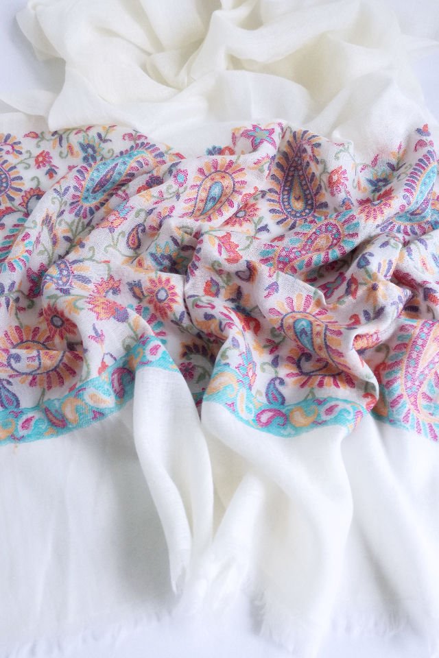 Esarfa-Sal Cara, Pashmina Alb cu Broderie Fina