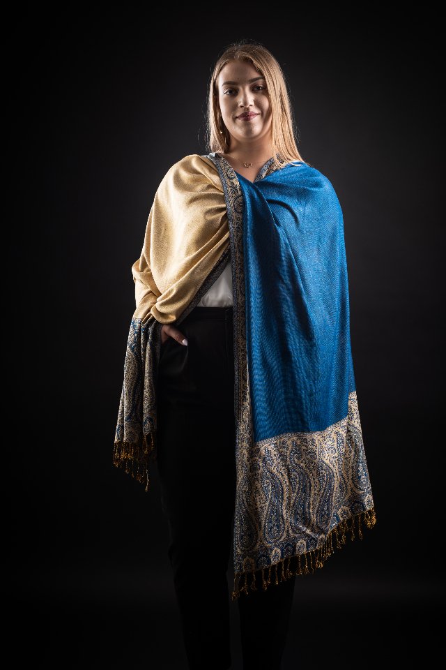 Esarfa Casmir reversibila Paisley India albastru-bej