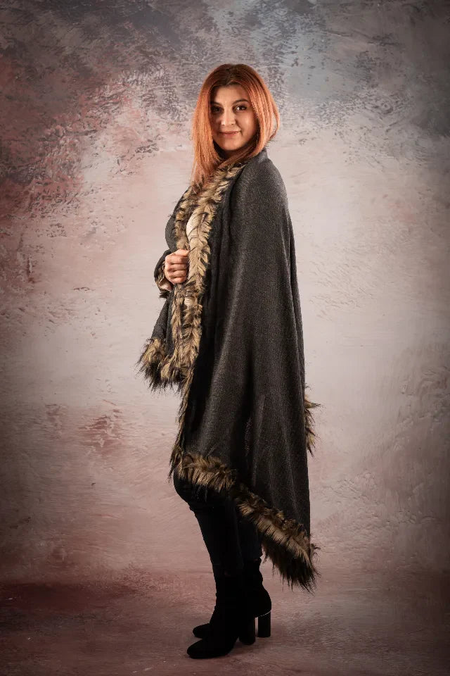 Sal pasmina gri antracit cu blanita artificiala bej India