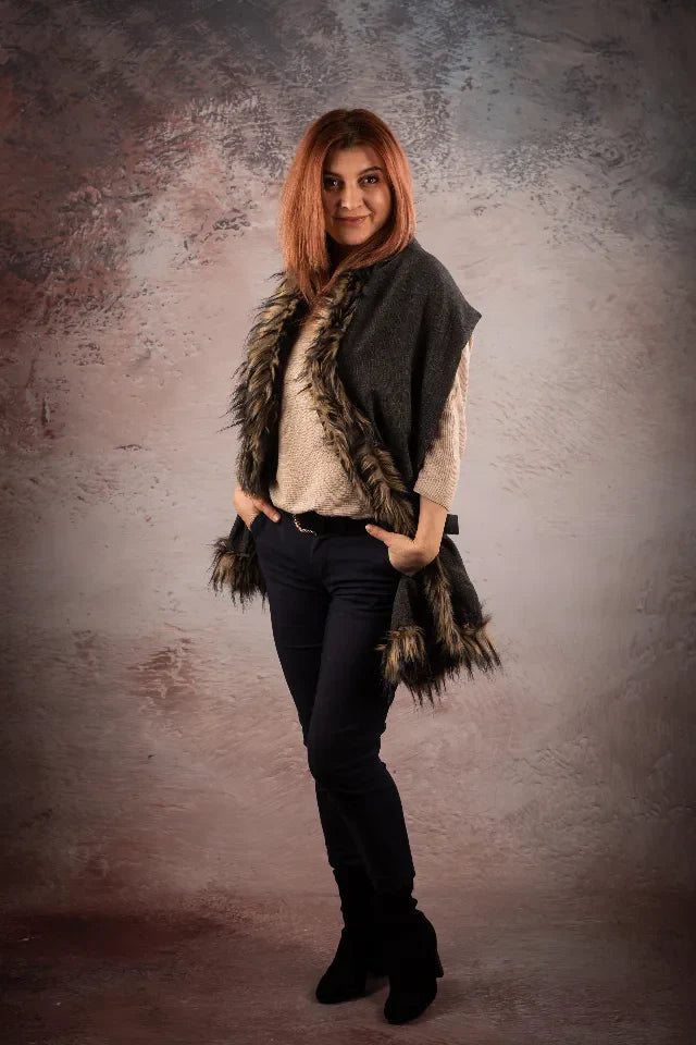 Sal pasmina gri antracit cu blanita artificiala bej India