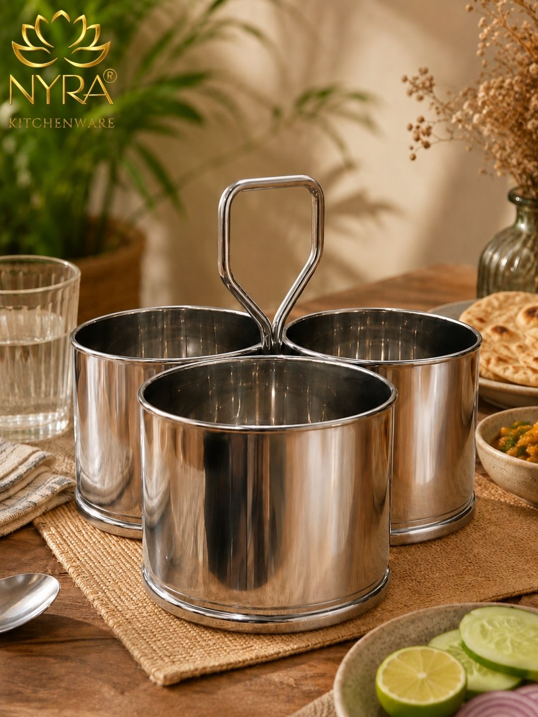 Stainless Steel Chougadha | Chaumukha Vegetable Holder with Handle – Premium 2, 3, 4 Container