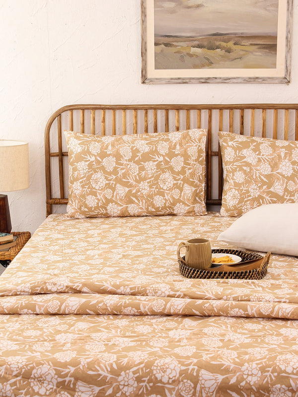 Genda Phool 1 Double Bed Sheet & 2 Pillow Covers + 2 Pillow Filler (Beige)