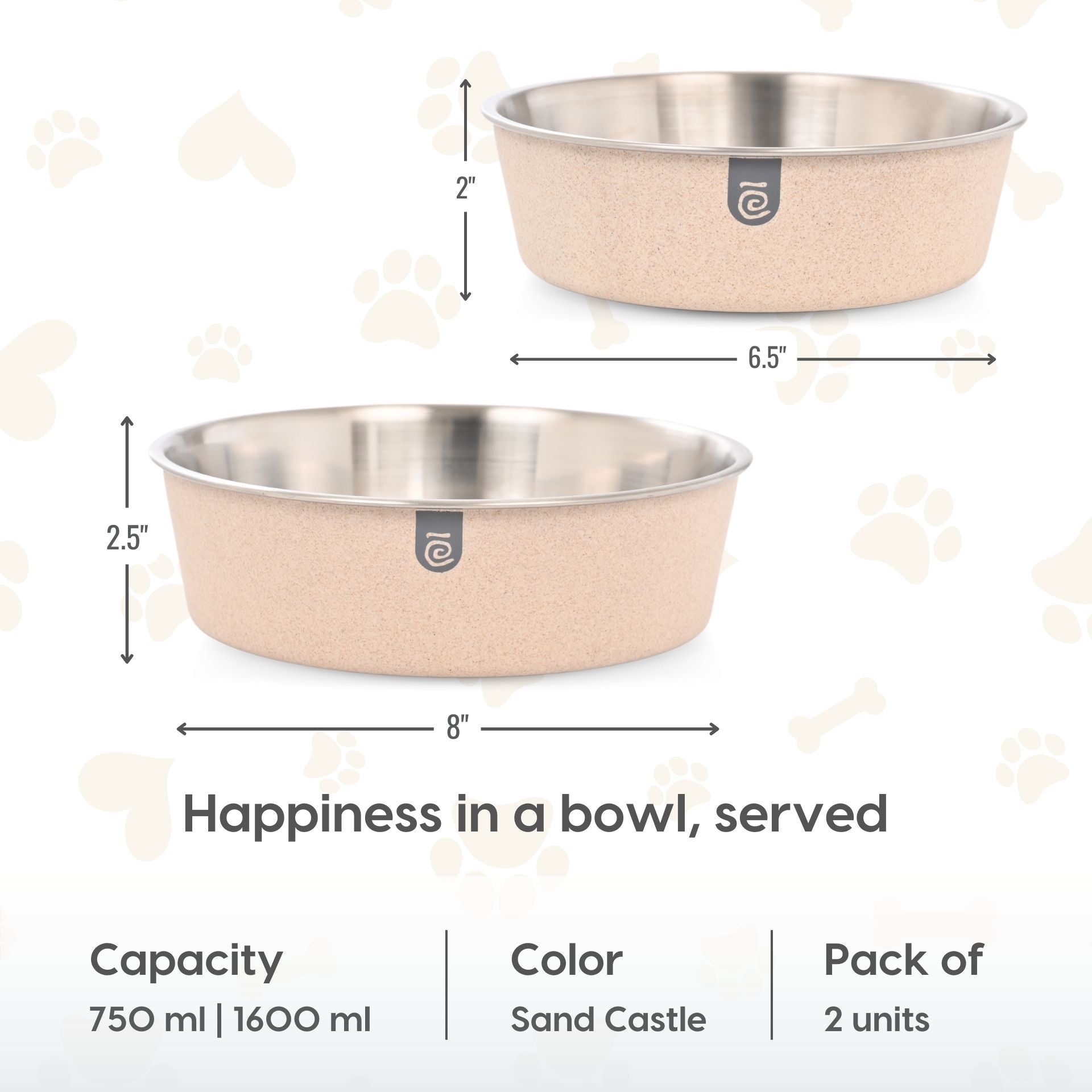 Earth Friendly Bella Pet Bowls | Set of 2 | 1600 ml + 750 ml | Steel Bowl for Dog | Made with Rice Husk | Dog Bowl Large Size