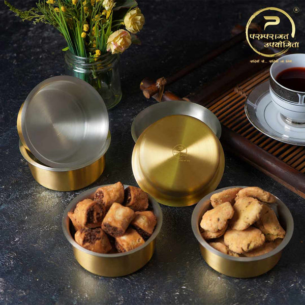 Paramparagat Upyogita Devam Maharani Brass Small Katori (Bowl) Set with Tin Coating (Kalai)