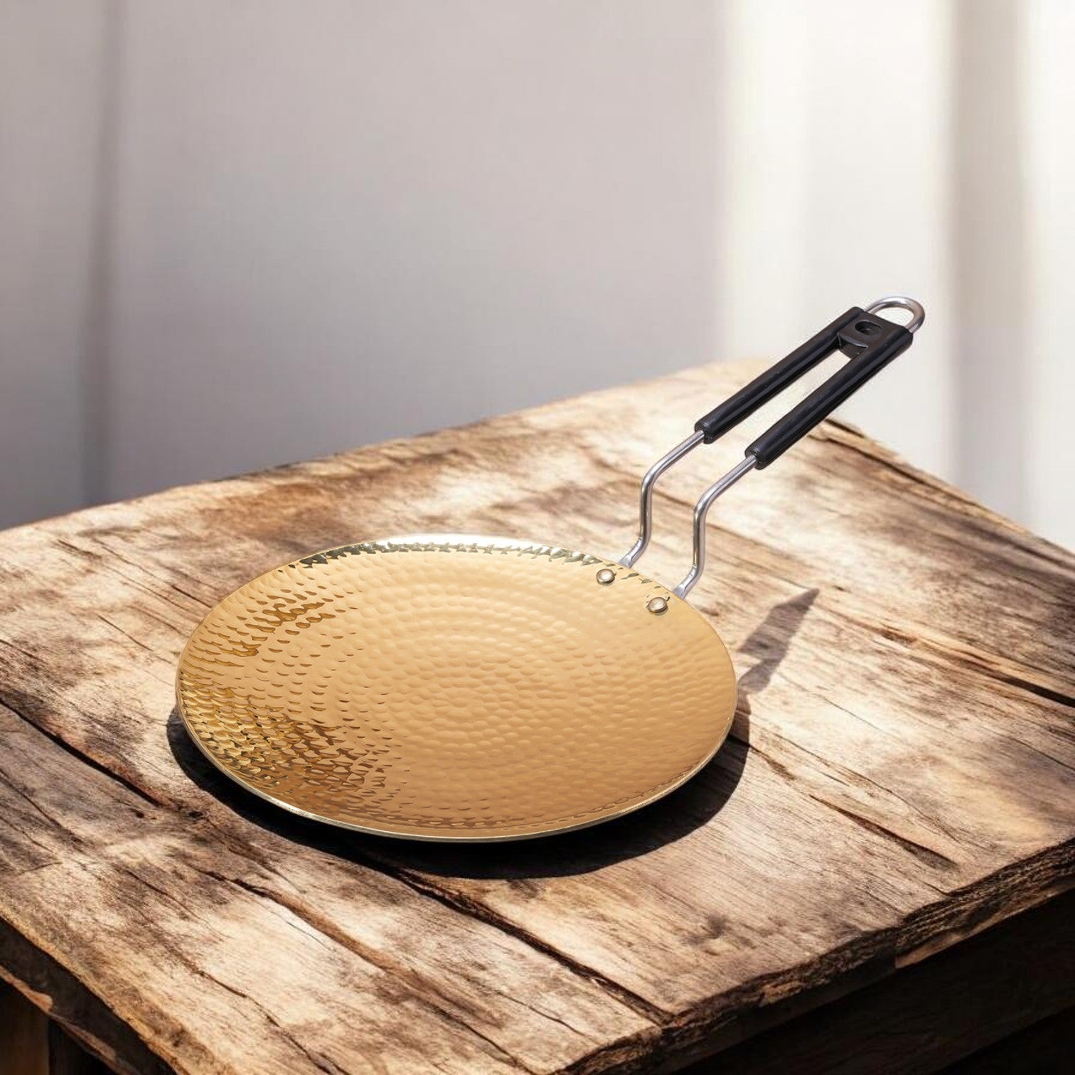 Handcrafted Hammered Brass Tawa with Broad Handle | RoyalStuffs